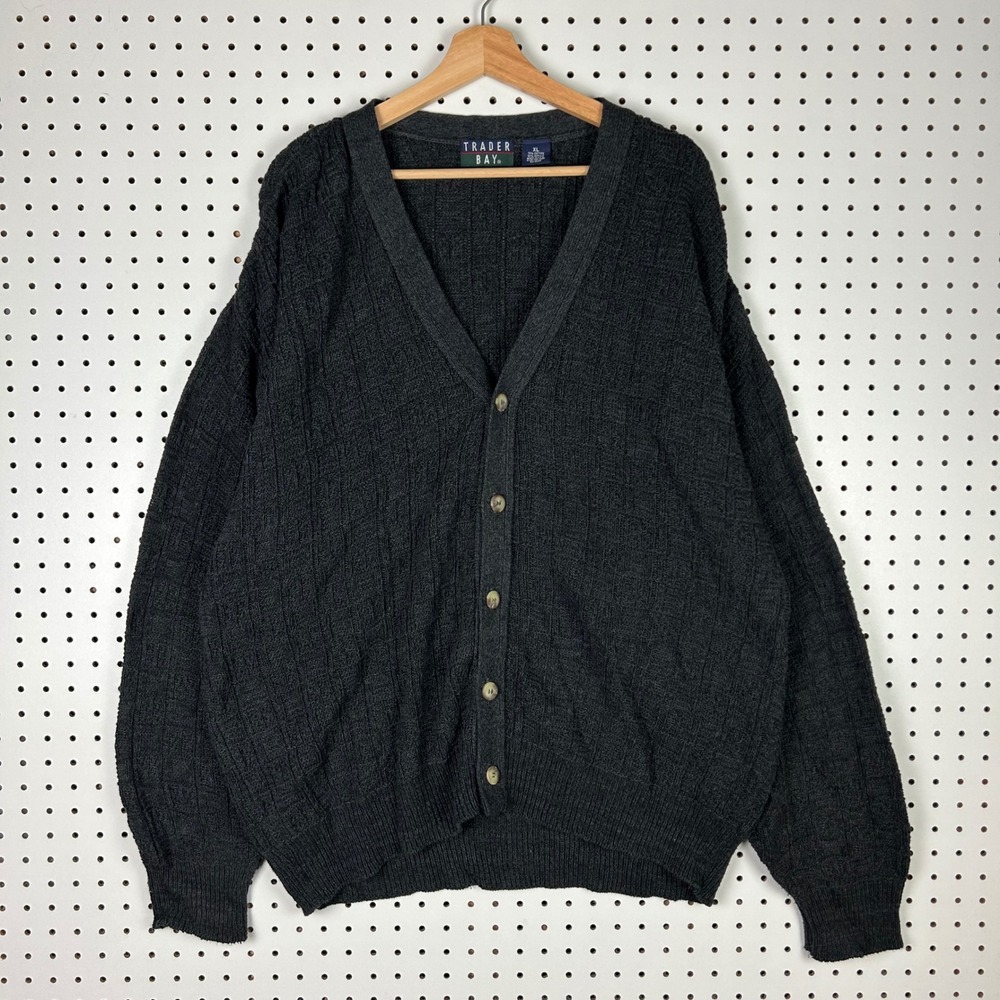 Trader Bay Mens XL Cardigan Sweater Charcoal Gray Cotton Blend V-Neck Button Up